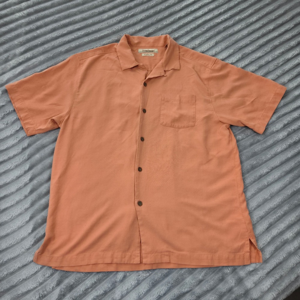 Tommy Bahama Mens Large Coral Orange 100% Silk Short Sleeve Camp Shirt